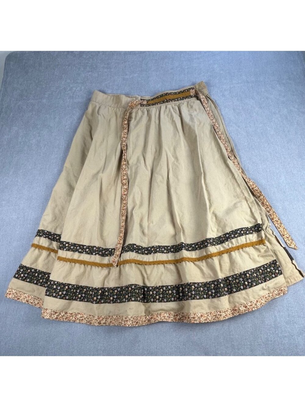 Vintage Boho Wrap Skirt Apron Cottagecore Floral Trim Adjustable Waist Grandma